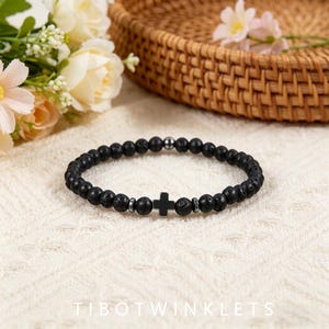 black lava stone cross bracelet, 4mm elastic beaded bracelet, religious faith jewelr