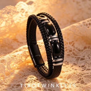 Handmade Braided Leather Obsidian Bracelet, Men's Magnetic Clasp Wristband