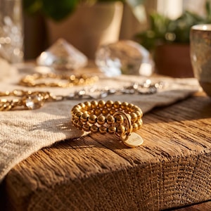 May include: A gold-toned ring composed of two rows of small, spherical beads. A small, circular metal charm is attached to the ring, featuring the engraved text s.steel. The ring has a polished, metallic finish and a uniform, beaded texture.
