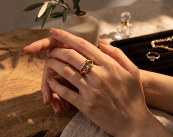 Watermelon Crystal, 18K Gold Plated Cocktail Ring, Vintage Style Statement