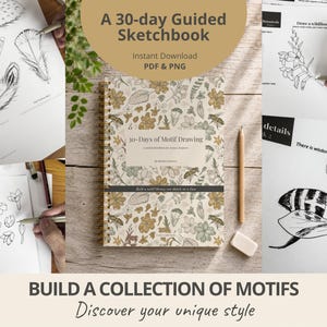 May include: A 30-day guided sketchbook with the text "10-Days of Motif Drawing" on the cover. The image shows pages with drawings of feathers, wildflowers, and a bee. The text "Build a collection of motifs" is also visible.