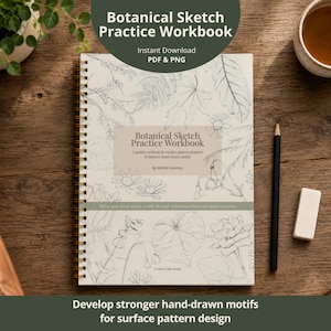 May include: A spiral-bound Botanical Sketch Practice Workbook with a cream cover featuring light gray line drawings of various leaves and flowers. The center includes a rectangular label with the text Botanical Sketch Practice Workbook.