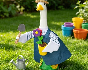 Statua di oca da 23 pollici con abito da giardiniere, set completo di decorazioni da giardino per primavera ed estate