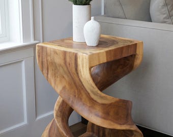 Sculptural Wood Side Table, Organic Modern Carved Accent Table, Honey Brown Finish