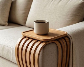 Bandeja de bambú para el brazo del sofá, mesa auxiliar flexible de listones de madera para sofá, organizador que ahorra espacio.