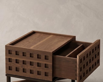 Lattice Wood Side Table | Modern Drawer Nightstand | Geometric Bedside Storage Table