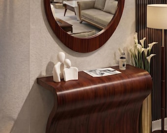 Gebogen houten consoletafel met ronde spiegel | Moderne haltafel | Slaapkamerijdelheid