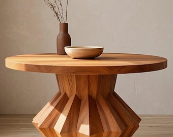 Round Wooden Coffee Table, Geometric Pedestal Base, Organic Living Room Decor