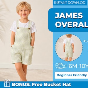 May include: Light green and white gingham overalls with a white t-shirt. The text reads JAMES OVERALLS, INSTANT DOWNLOD, 6M-10Y, Beginner Friendly, and BONUS: Free Bucket Hat. A circular inset shows the back view of the overalls.