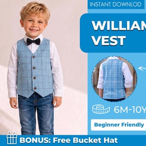 May include: A light blue vest with a dark grid pattern, four brown buttons, and a pointed hem. The vest is worn over a white long-sleeve shirt with a black polka dot bow tie. A circular inset shows the back view of the vest. Text includes WILLIAM VEST.
