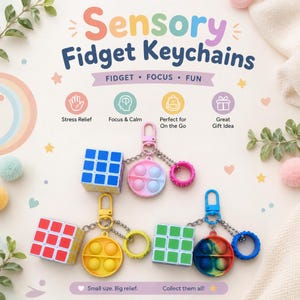 May include: Three sensory fidget keychains featuring a cube puzzle, a circular four-bubble popper, and a small ring attached to a lobster clasp. The sets come in colour combinations of blue-white, red-yellow, and green-multicolour with metal chains.