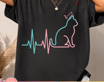 Cute Heartbeat Cat PNG, Cat Lover ECG Line Shirt Design, Funny Feline Silhouette Graphic Tee PNG
