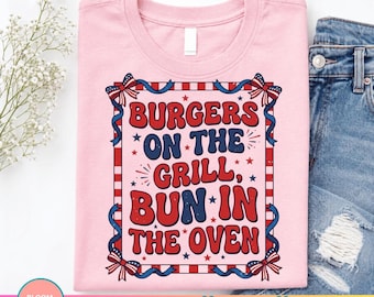 Funny 4th of July Pregnancy Announcement PNG, Retro Patriotic BBQ Baby Reveal Burgers Grilling Cookout Summer Expecting Mom Americana