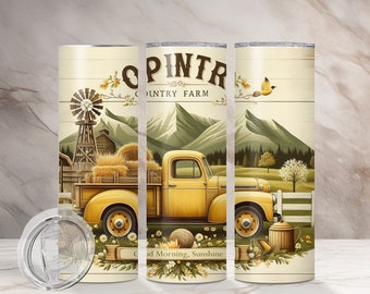 Spring Old Yellow Truck Country Farm Design, 20 oz Skinny Tumbler Sublimation Design, Straight & Tapered Tumbler Wrap, Digital Download