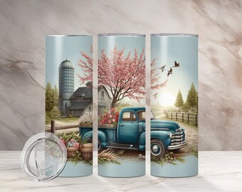 Spring Old Blue Truck Country Farm Design, 20 oz Skinny Tumbler Sublimation Design, Straight & Tapered Tumbler Wrap, Digital Download