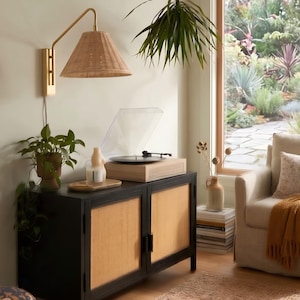 Peut inclure: Intérieur de salon de style moderne du milieu du siècle. On y trouve un meuble noir avec des panneaux tissés, une platine vinyle et un abat-jour tissé. La pièce est décorée de plantes et d'une palette de couleurs neutres.