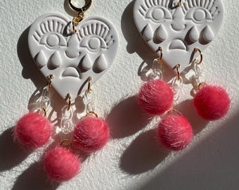 Crying Hearts Jr - Soft Hearts White with Hot Pink Poms