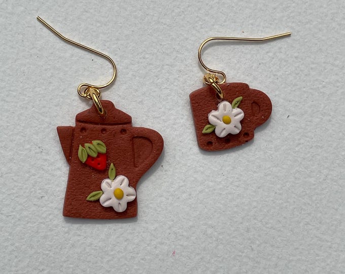 Strawberry Floral Teapot and Cup mismatch earrings