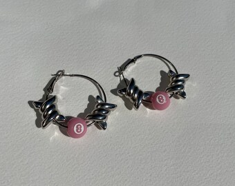 Barbed Wire and Pink 8 Ball Silver Hoops