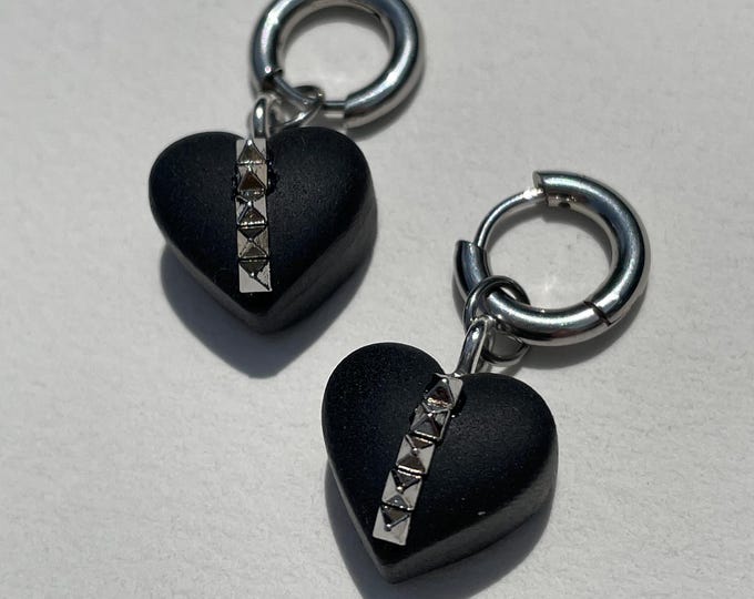Pyramid Stud Heart Charm Earrings
