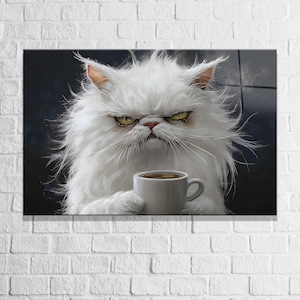 May include: A white Persian cat with a grumpy expression, holding a white coffee cup. The cat's fur is fluffy, and its eyes are yellow. The background is dark, and the image is displayed on a white brick wall.
