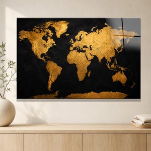 Gold World Map Wall Art, Tempered Glass Wall Art, extra large Black Gold Map Decor, Luxury Office Art, Modern Travel Wall Decor