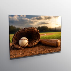 May include: A brown leather baseball glove containing a white baseball with red stitching, positioned next to a wooden baseball bat on a dirt field. The background shows a blurred green grass field under a cloudy sky at sunset.