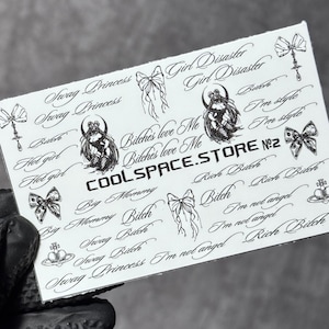 Coquette Goth Nail Decals, Baddie Aesthetic Lettering, Bow Nail Stickers, Rich Bitch & Swag Princess Sliders, Alt Girl Manicure Art