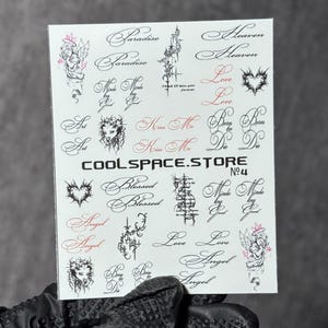 Angel Cherub Nail Decals, Gothic Script Stickers, Dark Romance Nail Art (Water Slide)