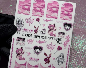 Pinke Camouflage-Nagelsticker, Y2K-Anime-Nagelkunst-Zubehör | Professionelle UV-gedruckte Wassersticker | Trendiges Grunge-Geschenk für DIY-Maniküre