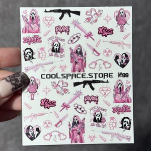 Pink Ghostface Nail Stickers, Coquette Horror Aesthetic, Scream Queen Decals, Girly Weapon Nail Art, Baddie Pink Halloween