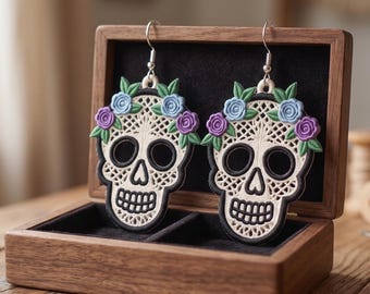 Pendientes colgantes con diseño de bordado de calavera floral FSL: Patrón de bordado a máquina de calavera, murciélago y esqueleto de encaje independiente para Halloween