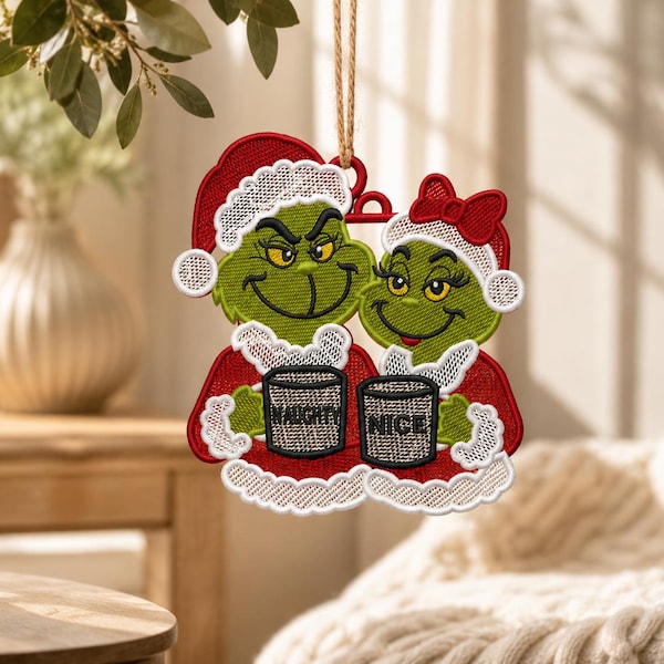 Grinch Naughty Nice FSL Embroidery Design, Christmas Ornament Machine Embroidery, Free Standing Lace Holiday Couple