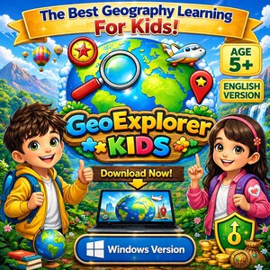 Puede incluir: Un gráfico colorido que promociona el aprendizaje de geografía "GeoExplorer KIDS". La imagen presenta dos niños de dibujos animados, un globo terráqueo, una computadora portátil y el texto "The Best Geography Learning For Kids!" y "Download Now!" La edad es 5+.