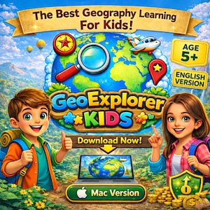 May include: A colorful advertisement for "GeoExplorer KIDS," a geography learning game for children aged 5+. The image features two cartoon children, a globe, a magnifying glass, and the text "Download Now!" The game is available for Mac.