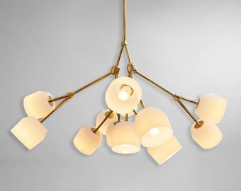 Mid-Century 12 Arms Sputnik Brass Chandelier: Italian Stilnovo Style Ceiling Light.