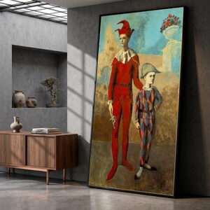 Lienzo con dúo de arlequines vintage, arte mural con vestuario de circo, lienzo con escena de teatro clásico, decoración de estilo renacentista, lienzo con retrato dramático