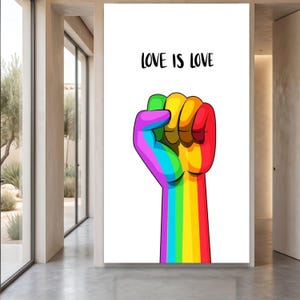 Rainbow Fist Canvas Wall Art, Love Is Love Quote, LGBTQ Pride Symbol Canvas, Colorful Equality Art, Modern Home Decor Canvas