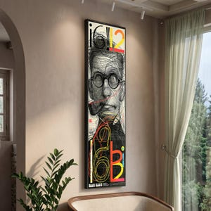 May include: A tall, rectangular framed wall art piece featuring a black and white sketch of a person wearing round glasses and smoking a pipe. The artwork includes bold yellow and red graphic elements, scribbled lines, and the text iG!12.