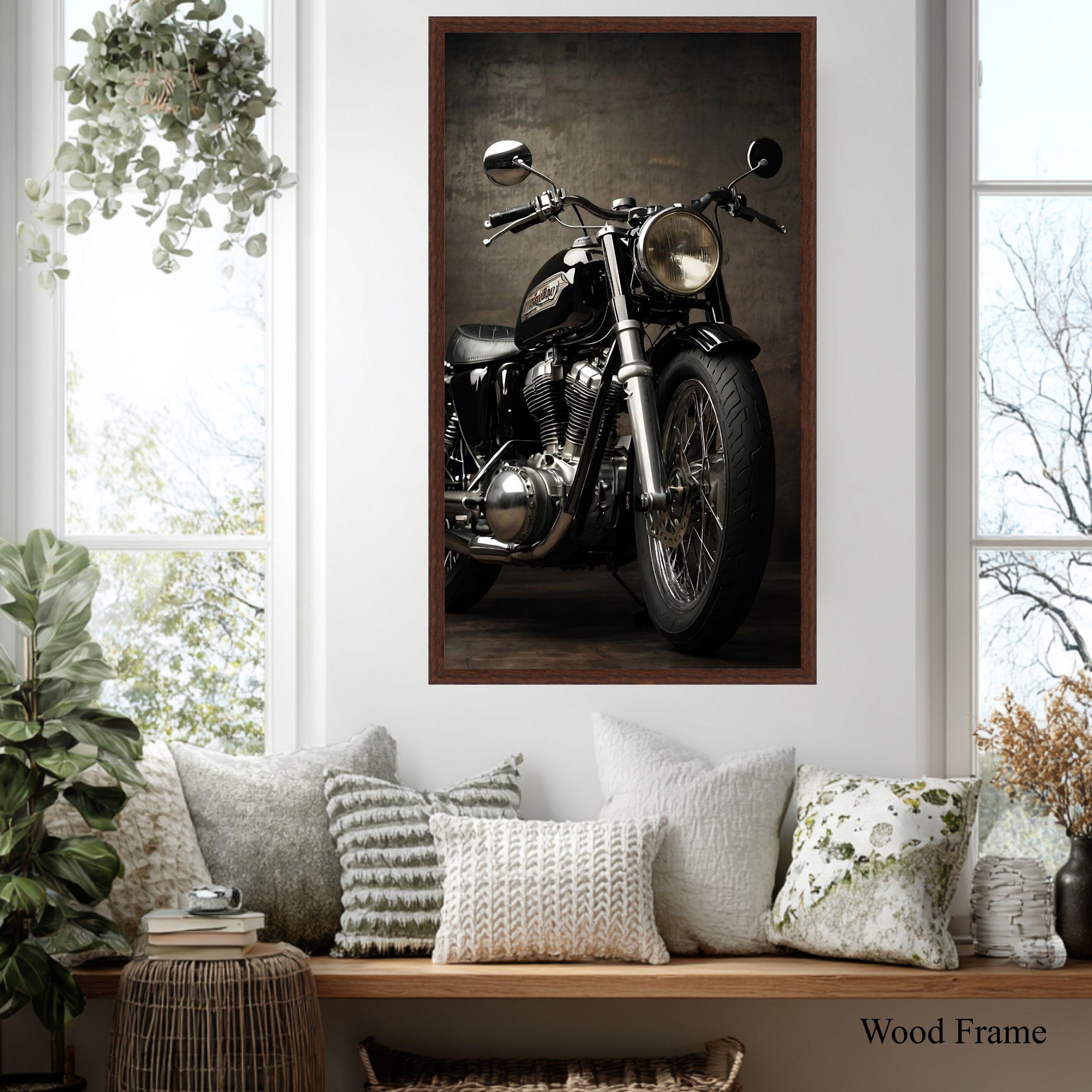 Classic Black Motorcycle Canvas Wall Art, Vintage Bike Close-up, Retro ...