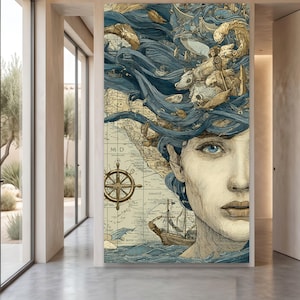 Könnte beinhalten: Ein vertikaler Wandkunstdruck mit einem stilisierten Porträt einer Person mit fließendem blauem Haar, das sich in Meereswellen und Meeresbewohner verwandelt. Der Hintergrund zeigt eine Karte im Vintage-Stil mit Kompassrose und Segelschiff.