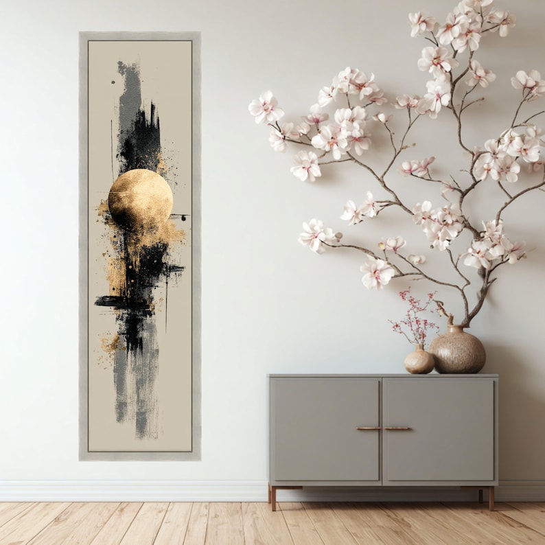 Long Narrow, Modern Abstract Moon Canvas, Gold and Black Wall Art ...
