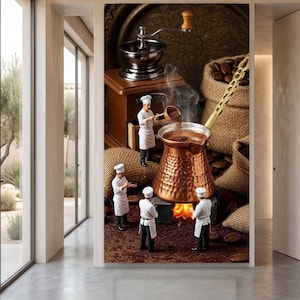 Miniaturas de chefs preparando café, lienzo con cafetera de cobre vintage, arte creativo del café, lienzo para decoración de cocina, decoración de pared cálida y acogedora