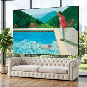 May include: A cream-colored tufted sofa with rolled arms and button detailing, positioned in front of a large rectangular wall art print depicting a person in a red jacket standing by a swimming pool with a swimmer submerged in the blue water.