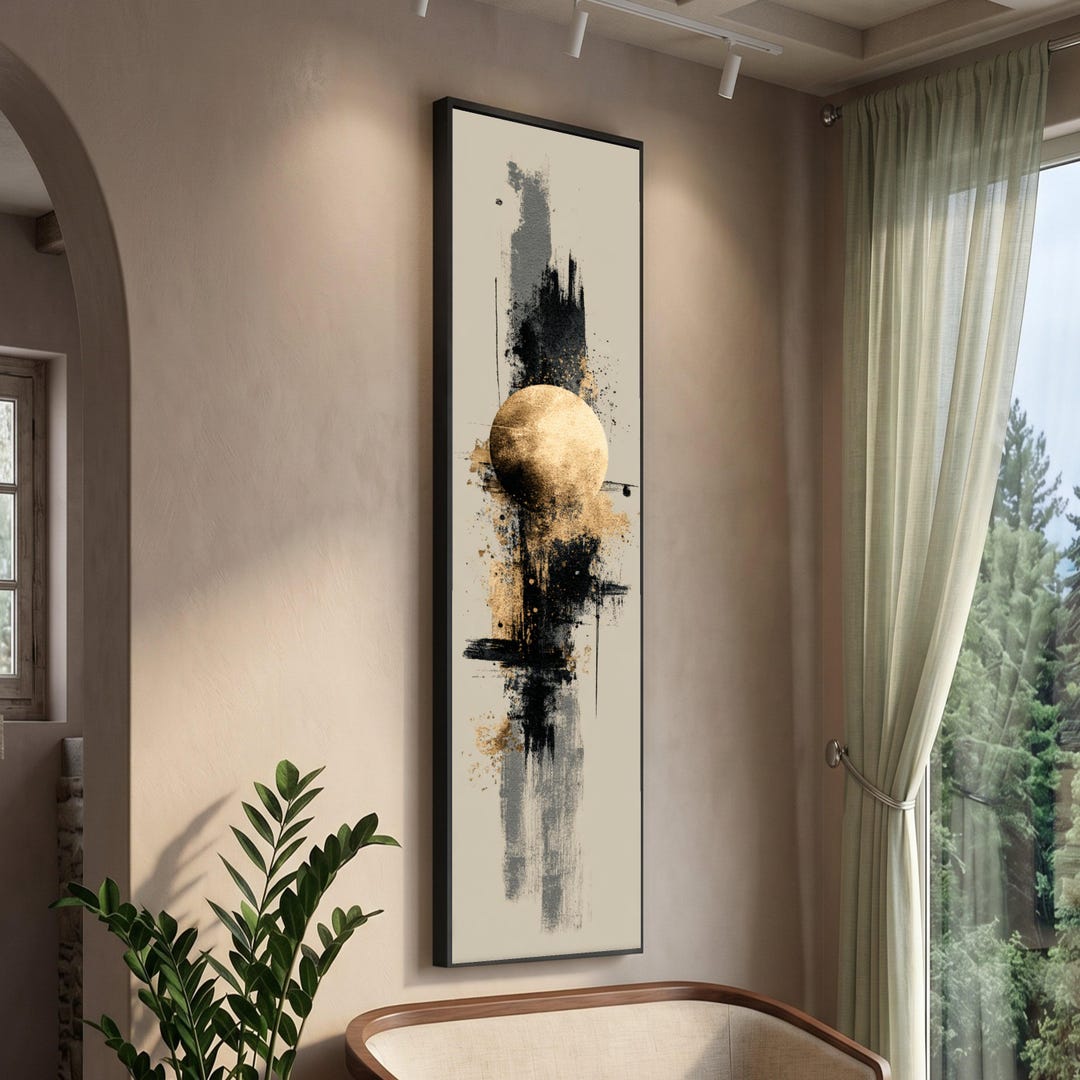 Long Narrow, Modern Abstract Moon Canvas, Gold and Black Wall Art ...