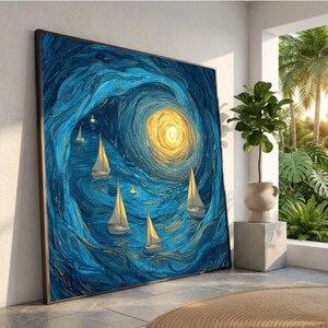 May include: Large framed art print depicting a stylized night scene with sailboats on a swirling blue sea. A bright yellow sun or moon illuminates the center. The artwork has a textured, painterly style, with a dark frame.