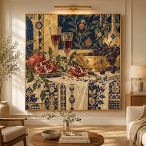Vittorio Zecchin Still Life Canvas, Pomegranate and Grapes Wall Art, Elegant Vintage Fruit Decor, Classic Italian Decorative Canvas