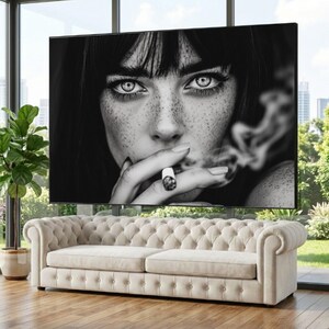 Intense Gaze Portrait Canvas, Black and White Wall Art, Freckled Face Close-Up, Moody Home Decoration, Modern Canvas Print