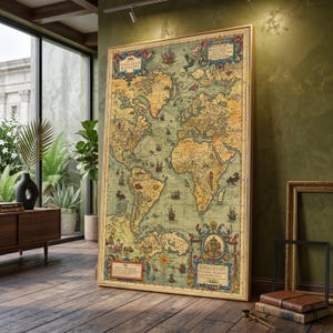 Op de afbeelding: Een ingelijste antieke wereldkaart met een gedetailleerde weergave van continenten, oceanen en zeilschepen. De kaart heeft een vintage esthetiek met beige, groene en blauwe tinten. De lijst is lichtbruin.