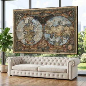 May include: A large, framed vintage world map with detailed illustrations and a dark border. The map features two globes, with intricate details and text. The color palette includes shades of brown, beige, and blue. The map is displayed above a cream-coloured tufted sofa.